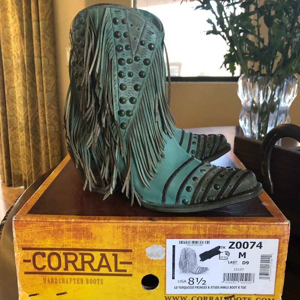 Corral Turquoise Fringe Ankle Boots-NIB